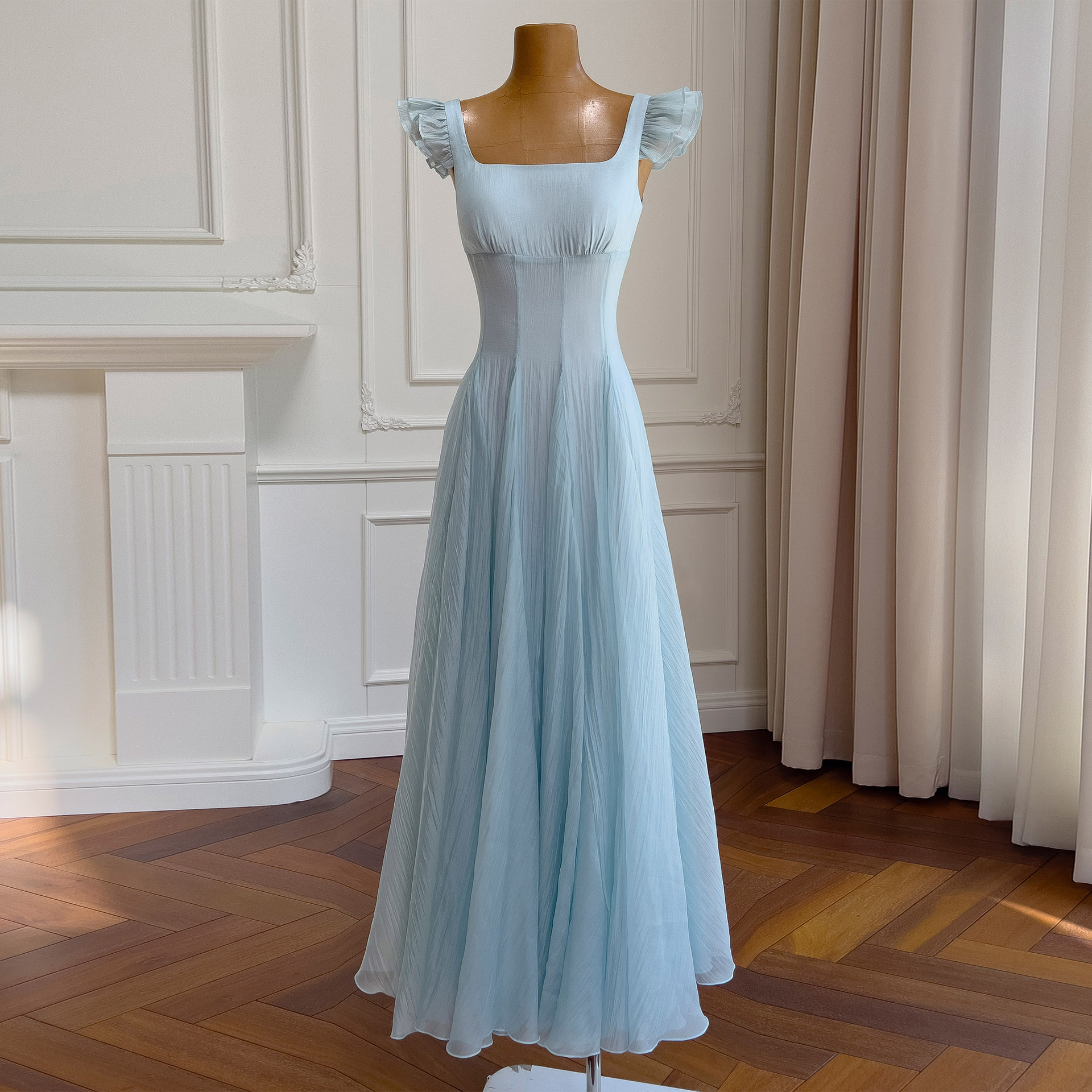 French style small fly sleeve dress for women, summer blue seaside vacation feeling, waist cinching A-line temperament long skirt, children 69155 French style small fly sleeve dress for women, summer blue seaside vacation feeling, waist cinching A-line temperament long skirt, children 69155