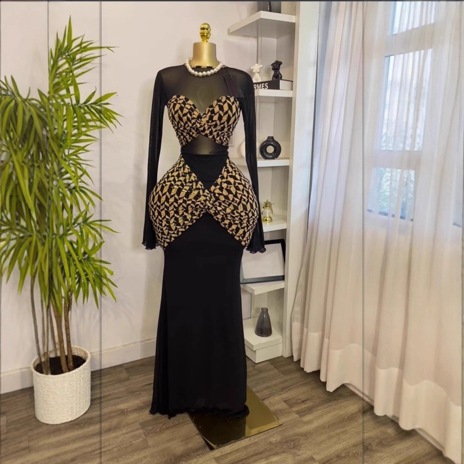 Spot 2025 Autumn Cross border European and American Printed Splicing Wrinkle Tight Skirt for Women, Long Sleeve Black Dress