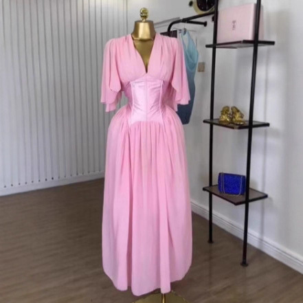 Spot 2025 Cross border European and American Women's Pink Chiffon Dress Summer Short Sleeve Temperament V-neck Waist Dress Long Dress