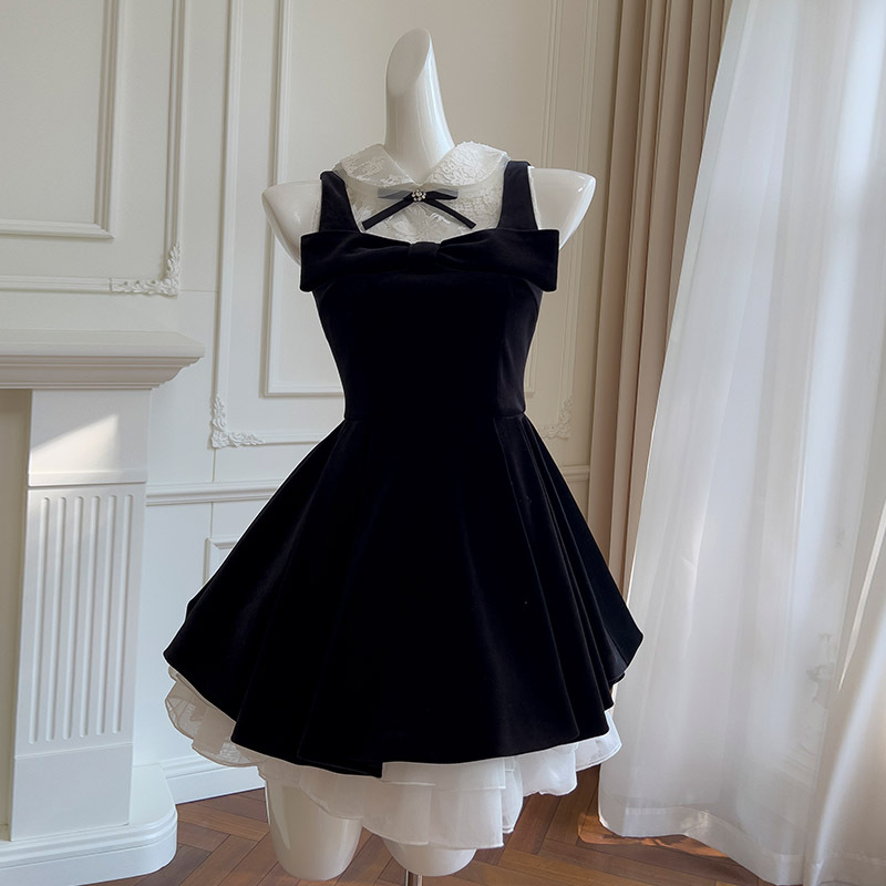 Sleeveless dress temperament bow black and white four piece set lace inner top party fluffy skirt for women 69288