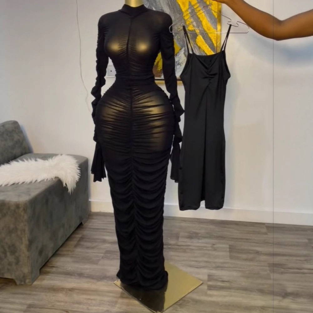 In stock 2025 autumn new cross-border European and American 2-piece set dress long sleeved pleated sexy long skirt with interior