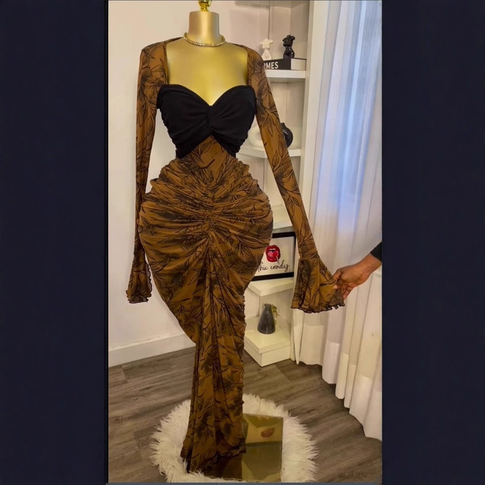 Spot 2025 summer pleated nightclub sexy dress, cross-border European and American fashion long sleeved waist cinched dress, long skirt