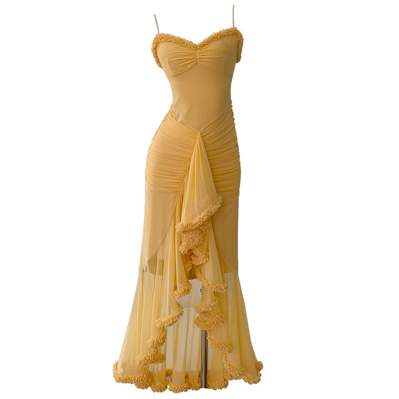 French socialite style dress with elastic mesh, irregular fishtail skirt, slim fit suspender long skirt, formal dress 68893 French socialite style dress with elastic mesh, irregular fishtail skirt, slim fit suspender long skirt, formal dress 68893