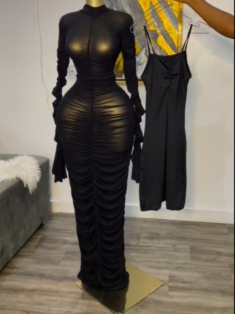 In stock 2025 autumn new cross-border European and American 2-piece set dress long sleeved pleated sexy long skirt with interior In stock 2025 autumn new cross-border European and American 2-piece set dress long sleeved pleated sexy long skirt with interior