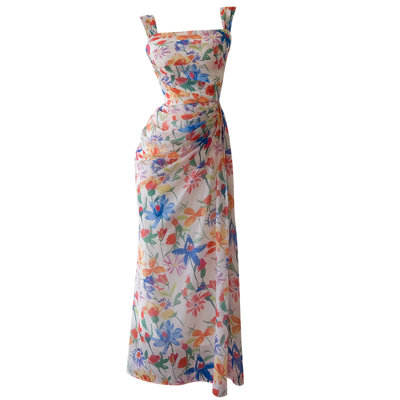 Temperament shoulder strap floral dress beach vacation dress women French waist cinched oil painting printed bag buttocks long skirt 68387 Temperament shoulder strap floral dress beach vacation dress women French waist cinched oil painting printed bag buttocks long skirt 68387