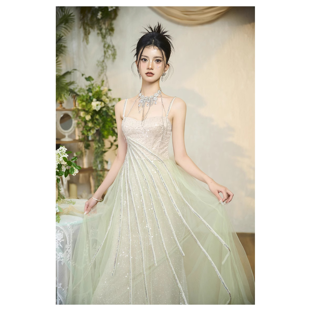 Elegant summer new product light emerald green temperament long waist slimming camisole dress 68710 Elegant summer new product light emerald green temperament long waist slimming camisole dress 68710