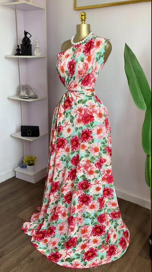 Spot 2025 Cross border European and American Women's Wear Bohemian Slant Neck, Bareback, Waist cinching, slimming A-line Printed Dress Long Spot 2025 Cross border European and American Women's Wear Bohemian Slant Neck, Bareback, Waist cinching, slimming A-line Printed Dress Long