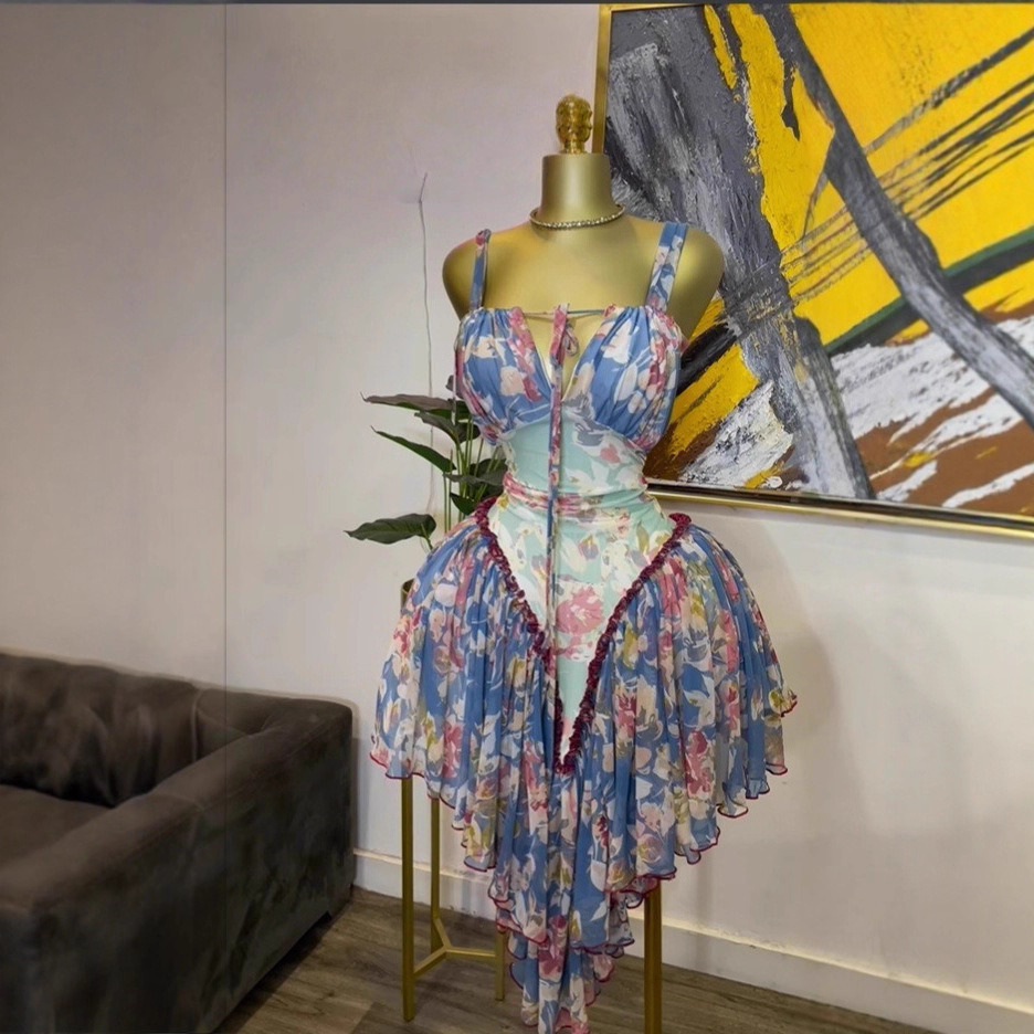 Spot 2025 autumn women's cross-border European and American suspender printed sleeveless pleated waist slimming dress