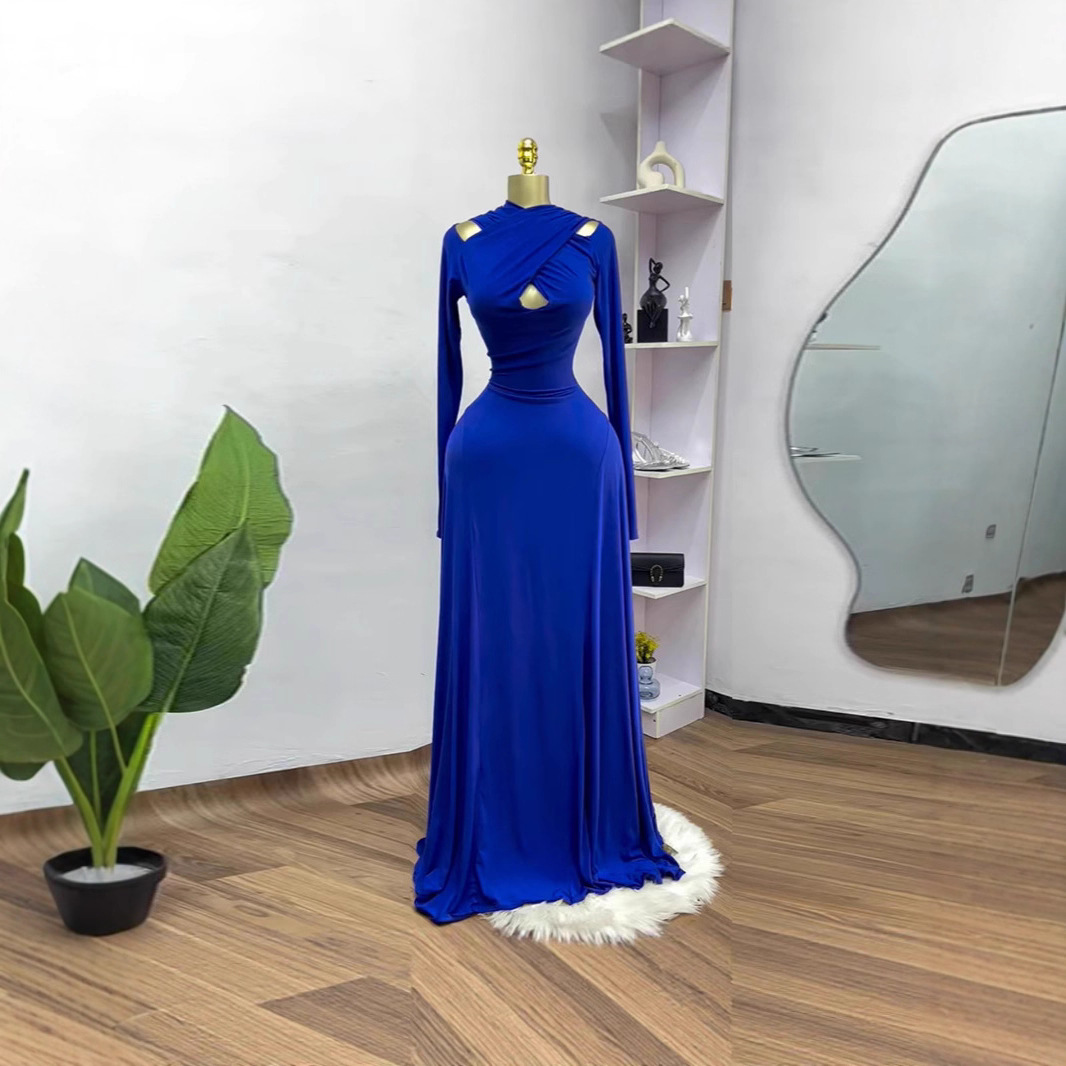 In stock 2025 new cross-border European and American long sleeved hollow dress with elegant temperament, slim and high elastic long skirt