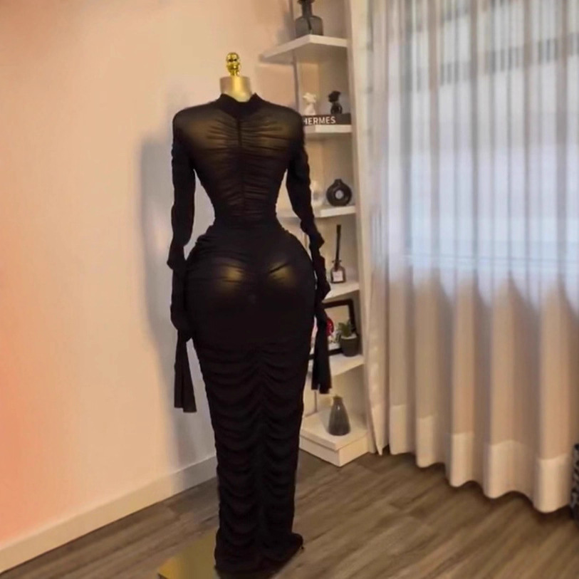 In stock 2025 autumn new cross-border European and American 2-piece set dress long sleeved pleated sexy long skirt with interior In stock 2025 autumn new cross-border European and American 2-piece set dress long sleeved pleated sexy long skirt with interior