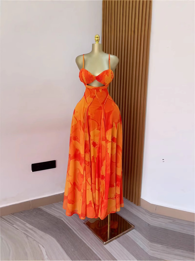 Spot 2025 summer cross-border strapless vacation tie dye printed suspender sleeveless temperament backless dress long skirt Spot 2025 summer cross-border strapless vacation tie dye printed suspender sleeveless temperament backless dress long skirt