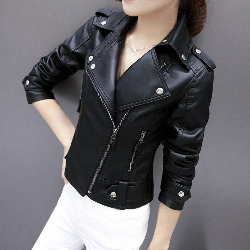 2025 Spring and Autumn New PU Leather Jacket Women's Small Coat Short Motorcycle Black Casual Women's Slim Fit High Waist Leather Jacket