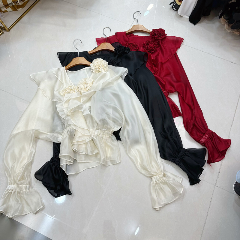 Thirteen line Australian French waist cinched ruffle edge handmade three-dimensional flower simulation silk pullover shirt A2 # 8388