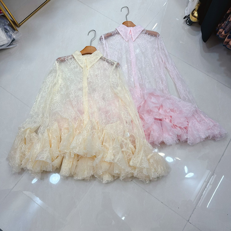 Thirteen Rows Australian niche heavy industry sequin bead lace horn long sleeved petal lapel shirt A2 # 8330