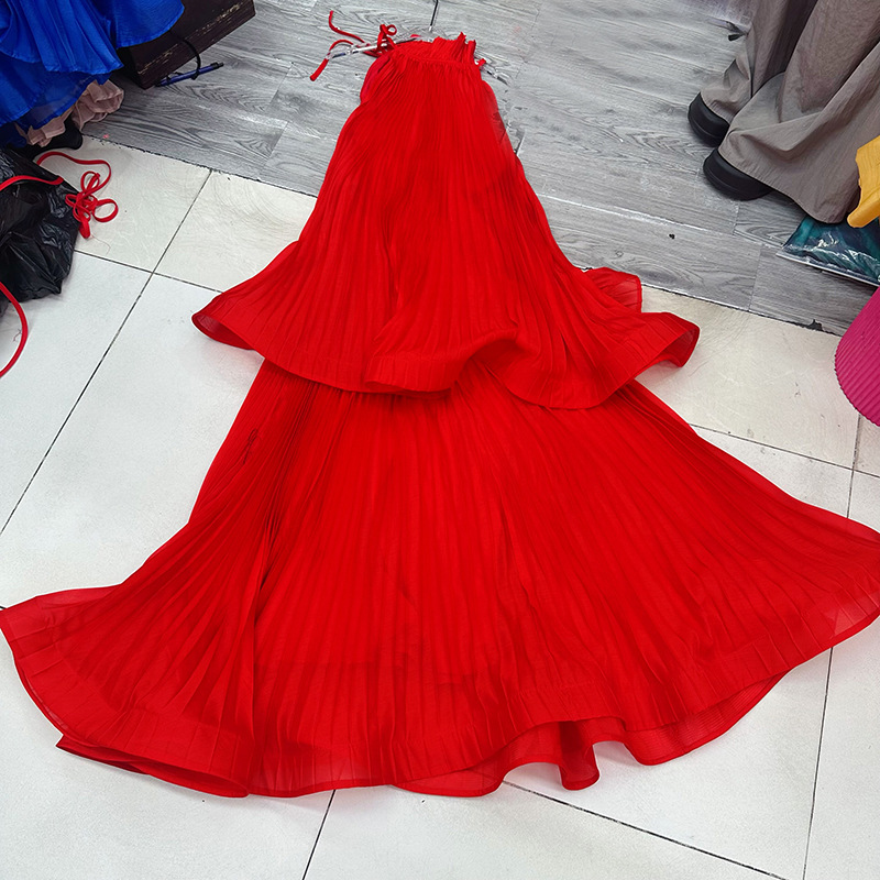 Thirteen line Australian niche pleated anti stripe hanging neck tank top, doll shirt, belly covering dress A2 # 8557 Thirteen line Australian niche pleated anti stripe hanging neck tank top, doll shirt, belly covering dress A2 # 8557