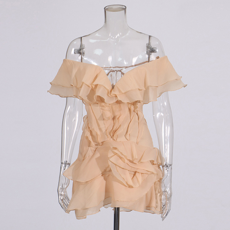 European and American style high-end temperament short skirt 2025 new style ruffled one shoulder design cinched waist slimming dress for women European and American style high-end temperament short skirt 2025 new style ruffled one shoulder design cinched waist slimming dress for women