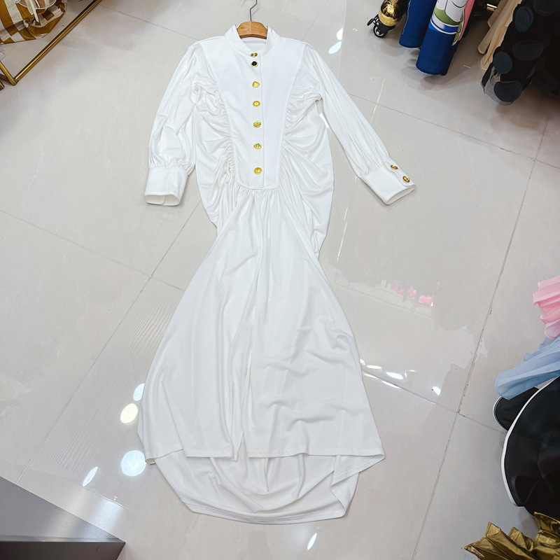 Thirteen line Australian niche stand up collar single row metal buckle design sense pinch pleated French niche dress A2 # 8386 Thirteen line Australian niche stand up collar single row metal buckle design sense pinch pleated French niche dress A2 # 8386