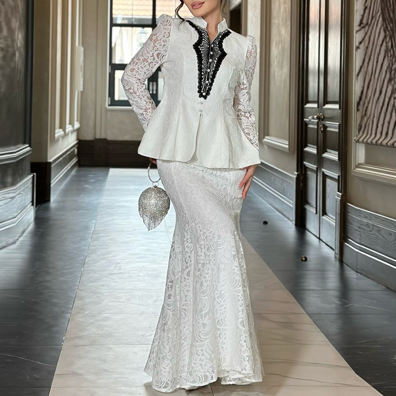 Elegant style heavy industry design dress set 2025 new standing collar nail bead long sleeved top+embroidered skirt