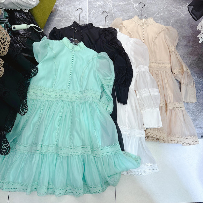 Thirteen line French elegant large swing skirt new standing collar lantern sleeves lace patchwork short skirt dress A2 # 8132