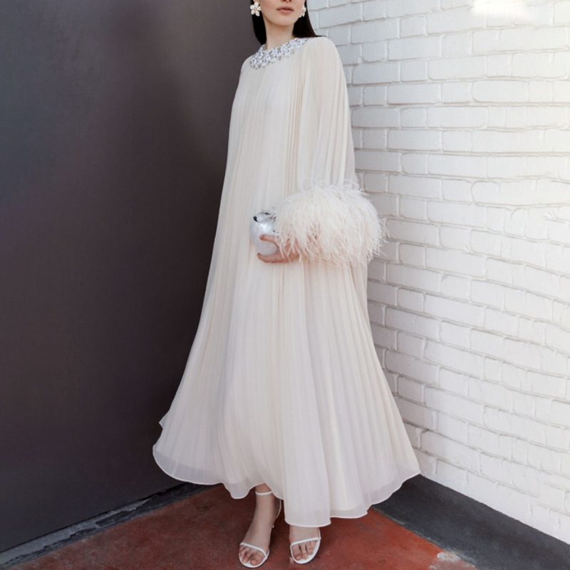 Australian fashion brand high-end dress 2025 new nail bead ostrich fur decoration vacation chiffon big swing dress