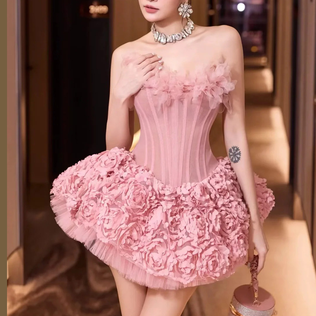 French socialite style three-dimensional flower dress for women 2025 new sleeveless strapless waist cinching mesh patchwork dress