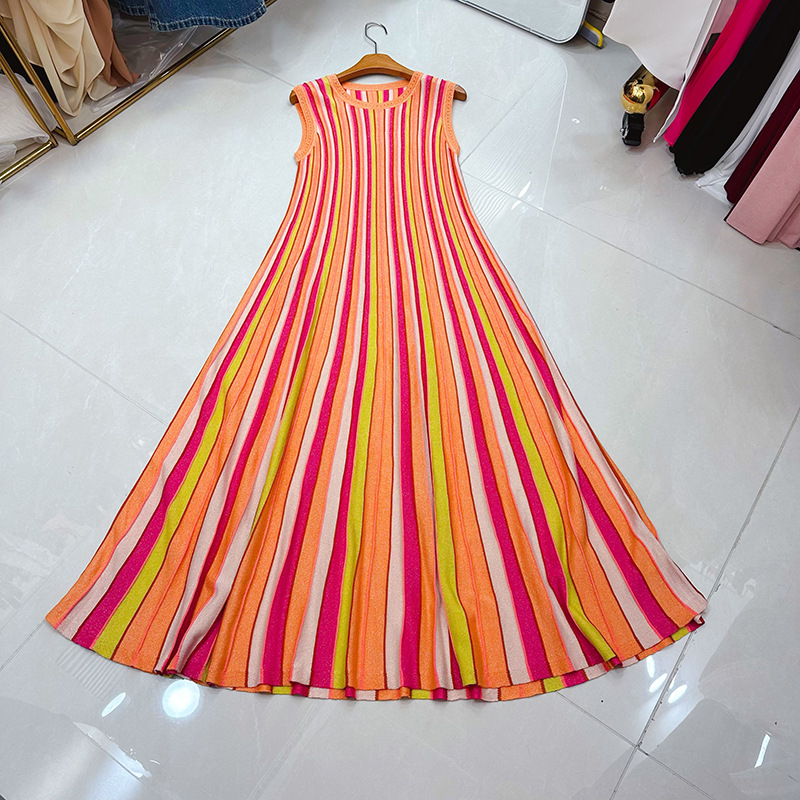 Thirteen Rows Nanyou High end Round Neck Sleeveless Slimming Medium to Long Cross Color Striped Knitted Dress A1 # 8526 Thirteen Rows Nanyou High end Round Neck Sleeveless Slimming Medium to Long Cross Color Striped Knitted Dress A1 # 8526