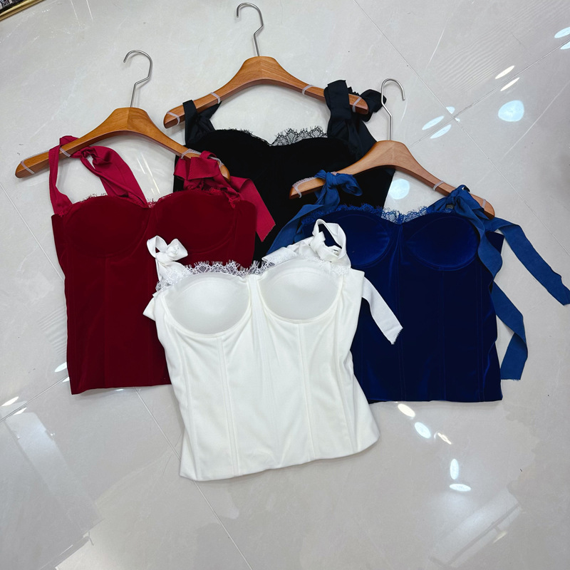 Thirteen line Australian French niche velvet patchwork lace bow suspender elegant retro top A1 # 8003