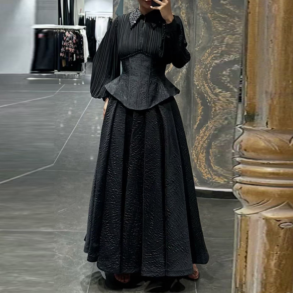 Retro palace style lapel long dress 2025 new lantern sleeve design temperament cinched waist slimming big swing dress for women