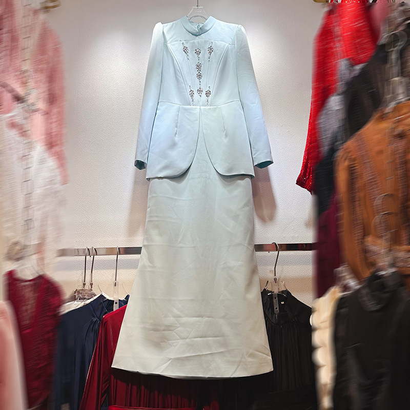 Thirteen line Australian socialite style long skirt with stand up collar, heavy industry diamond inlaid long sleeved high waisted dress, gift skirt A1 # 1030