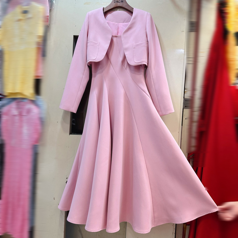 Thirteen line Vietnam niche short coat dress big swing long skirt long sleeved small coat two-piece set A2 # 8365