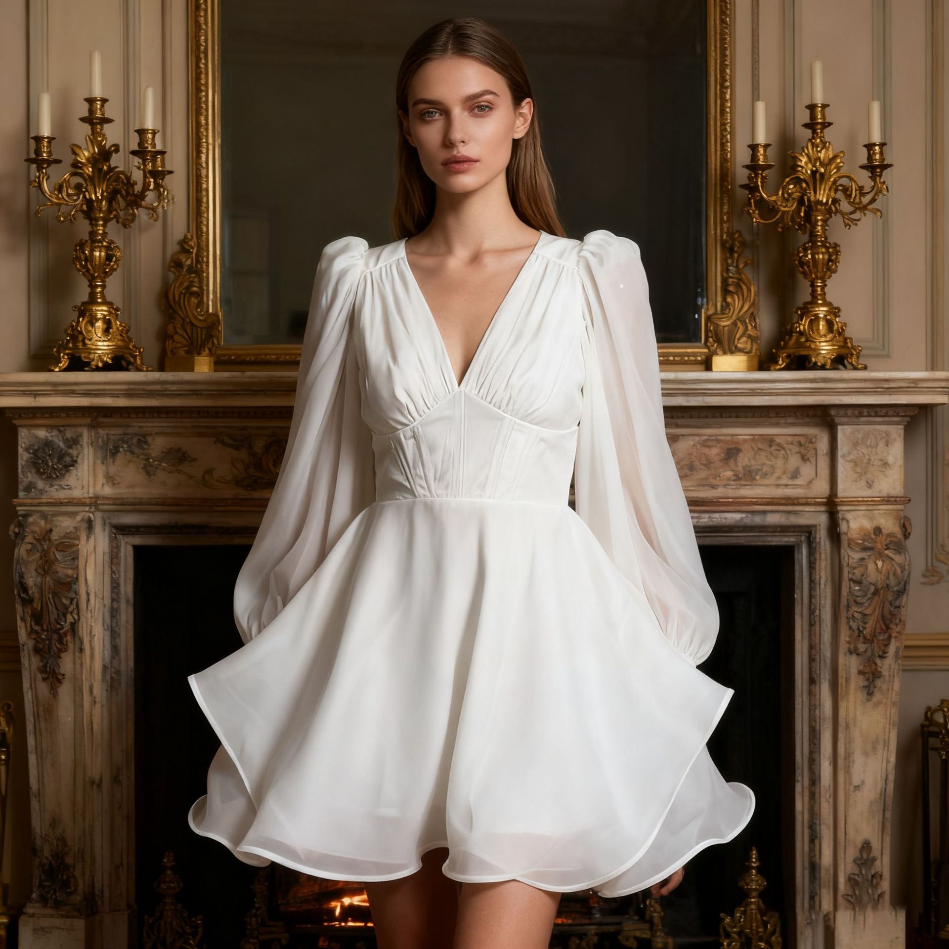 Sexy European and American style dress for children's summer 2025 new long sleeved V-neck fishbone waist cinching slimming solid color mesh dress