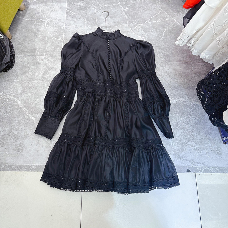 Thirteen line French elegant large swing skirt new standing collar lantern sleeves lace patchwork short skirt dress A2 # 8132 Thirteen line French elegant large swing skirt new standing collar lantern sleeves lace patchwork short skirt dress A2 # 8132