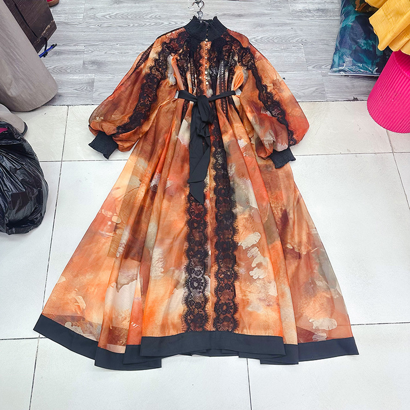 Thirteen line Australian niche high-end lantern sleeves, waist cinching, French tie dye long dress, A1 # 8561 Thirteen line Australian niche high-end lantern sleeves, waist cinching, French tie dye long dress, A1 # 8561