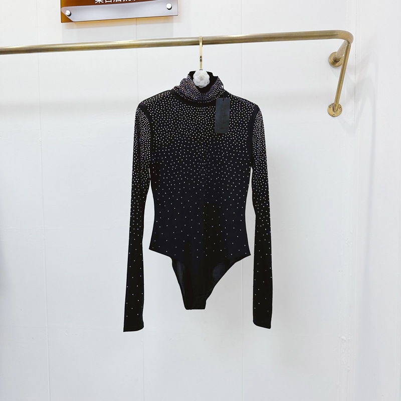 Thirteen line European style full body hot stamping diamond pleated high neck niche slim fit elastic long sleeved hip hugging jumpsuit Q1 # 5781