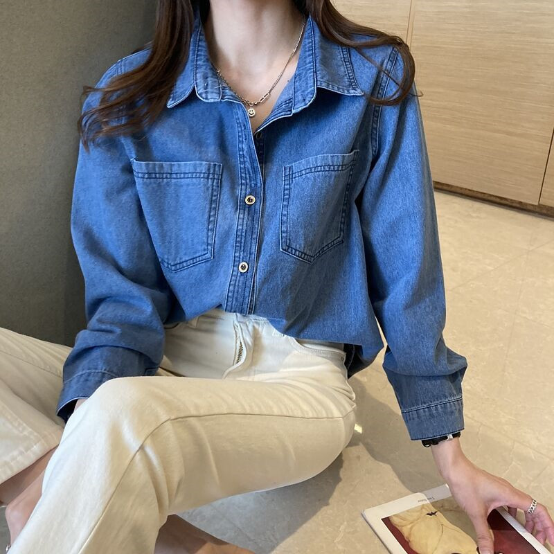 Deep Blue Retro Shoulder Port Style Soft Cowboy Shirt for Women's New Spring and Autumn 2025 Spring Fashion New Small Top