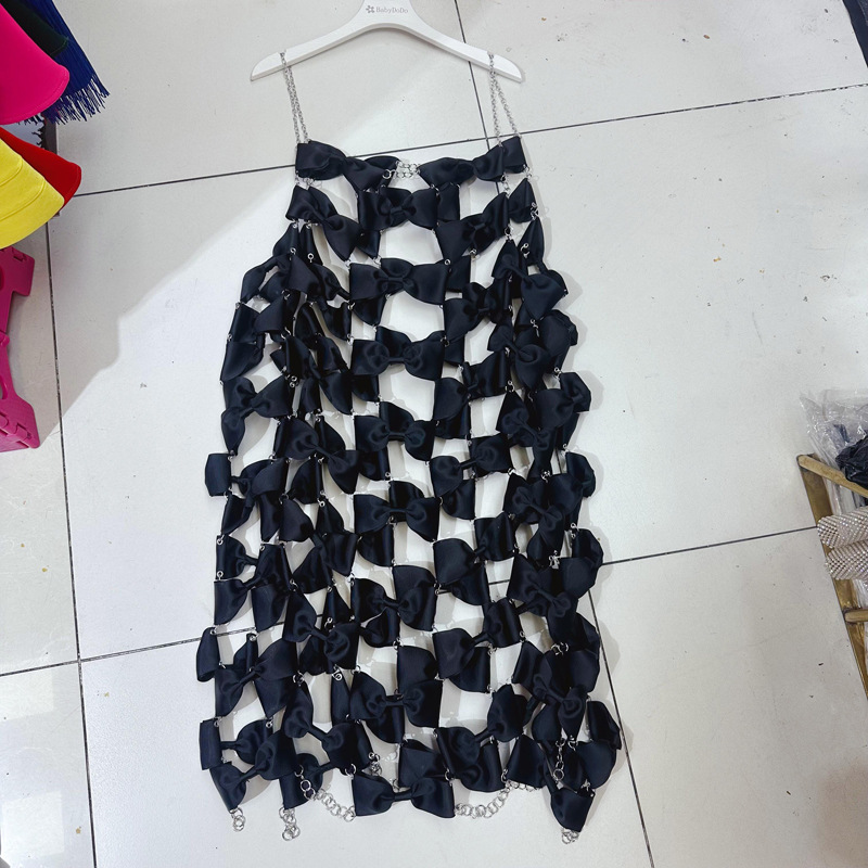 Thirteen lines European and American style sexy hollow chain suspender bow loose dress perspective skirt F3 # 5028