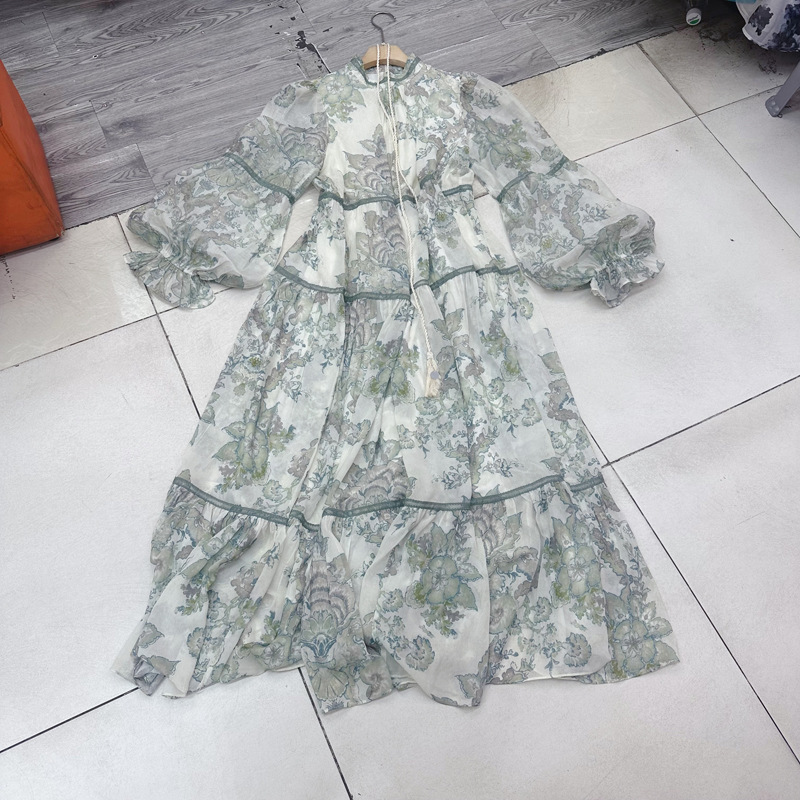 Thirteen line Australian niche French court retro printed dress with loose skirt and long skirt C1 # 1599