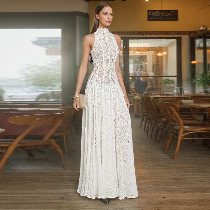 French socialite style sleeveless long dress 2025 new model with micro elastic lace design, slim fit and slimming long dress for women's wear