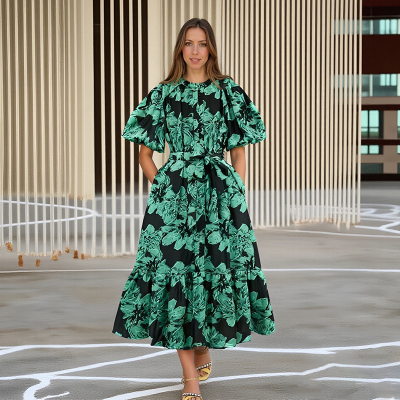 European and American cross-border temperament printed long skirt 2025 autumn new style lace up waist collection fashionable bubble sleeve round neck dress