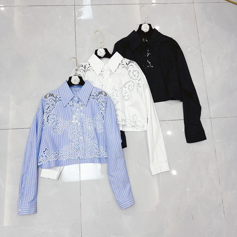 Thirteen line shirt long sleeved new design sense hollow out hook flower niche casual short chic top A1 # 1803