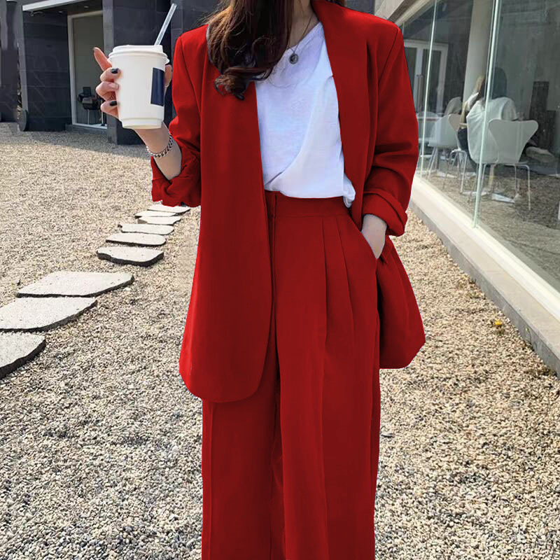 Wide leg pants suit set for women 2025 Spring and Autumn Korean edition fashion temperament British style casual street bombing professional small suit Wide leg pants suit set for women 2025 Spring and Autumn Korean edition fashion temperament British style casual street bombing professional small suit