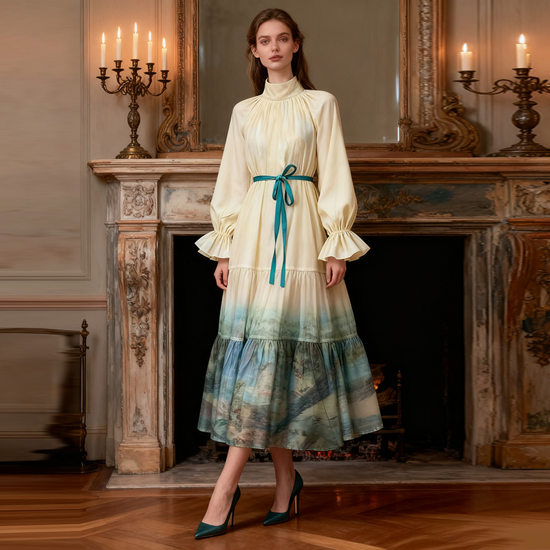 Temperament socialite style long sleeved dress 2025 new loose and slimming seaside vacation lace up waist cinching printed dress