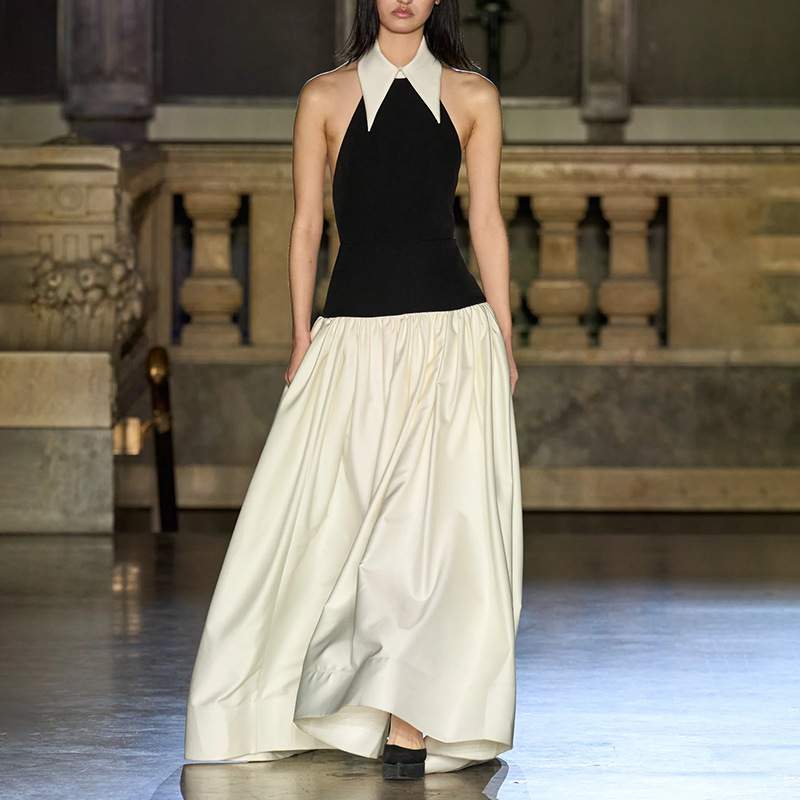 Fashion Show Style Dress 2025 New Style Fashionable Design Sense Advanced Splicing Color Contrast Waist slimming Long Dress for Women