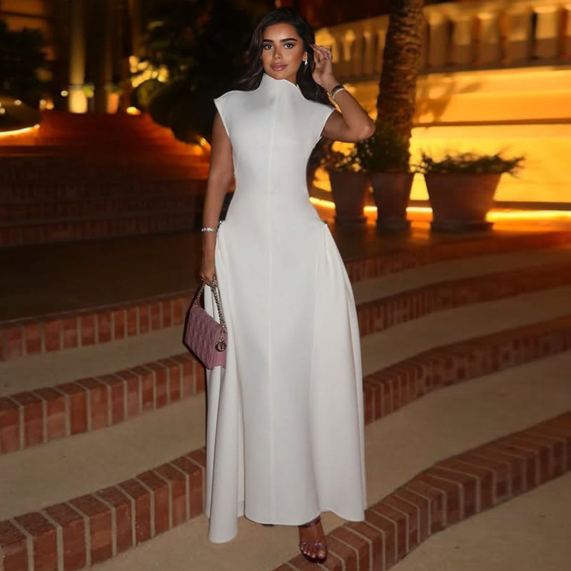 French retro style long dress 2025 new style semi high neck irregular hem design temperament high-end dress for women