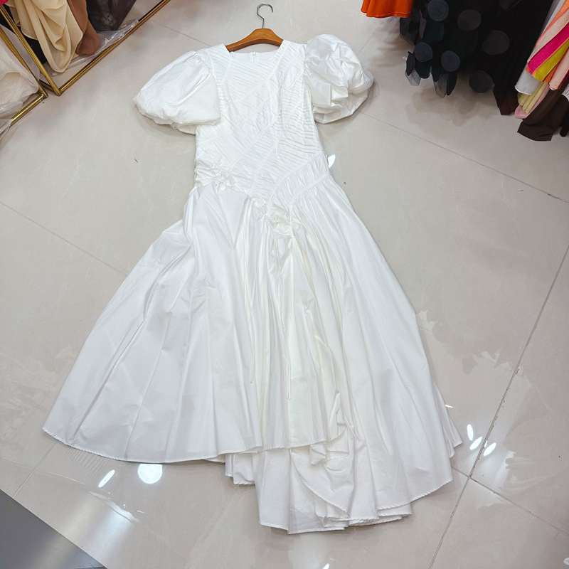 Thirteen line retro bubble sleeve pleated irregular hem long skirt round neck green white dress A2 # 8516