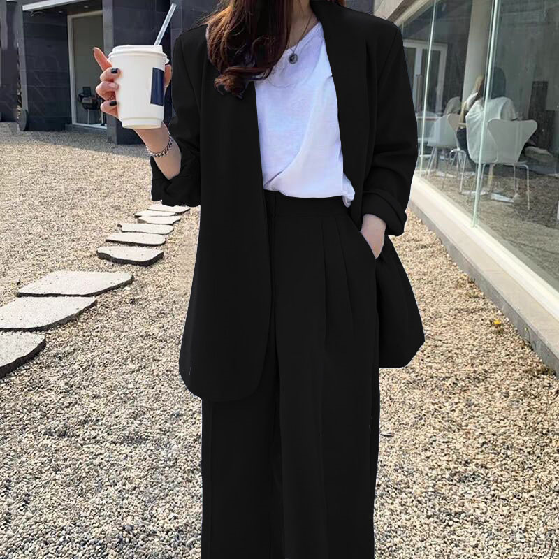 Wide leg pants suit set for women 2025 Spring and Autumn Korean edition fashion temperament British style casual street bombing professional small suit Wide leg pants suit set for women 2025 Spring and Autumn Korean edition fashion temperament British style casual street bombing professional small suit