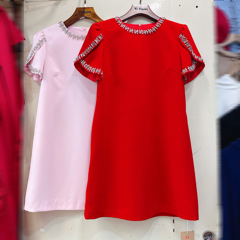 Thirteen line Australian niche dress new round neck diamond studded patchwork design solid color short skirt gift skirt A2 # 8370