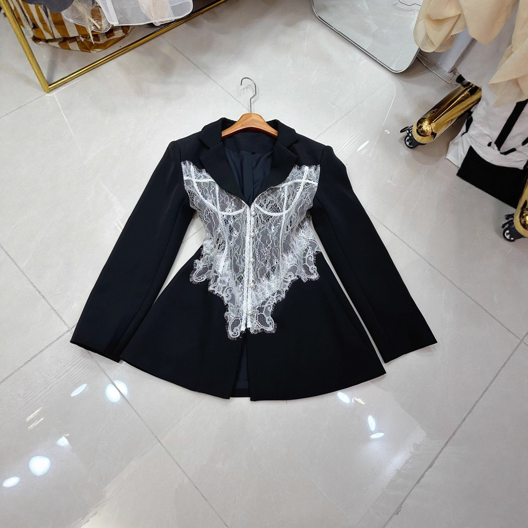 Thirteen line French retro lace patchwork lapel long sleeved French style slimming suit jacket A2 # 8397