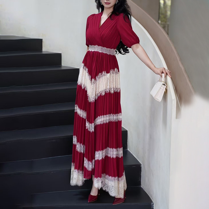 French retro elegant style long dress 2025 new style contrasting color waist slimming temperament V-neck pleated dress for women's summer