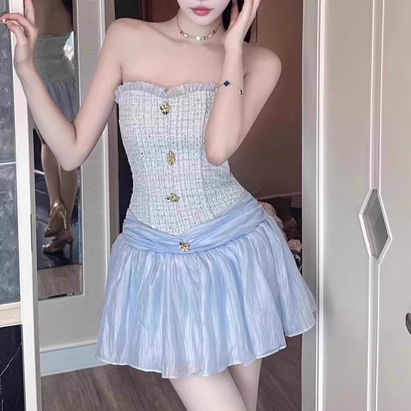 French gentle small fragrant style short skirt 2025 new style sleeveless strapless metal buckle decoration splicing strapless dress for women